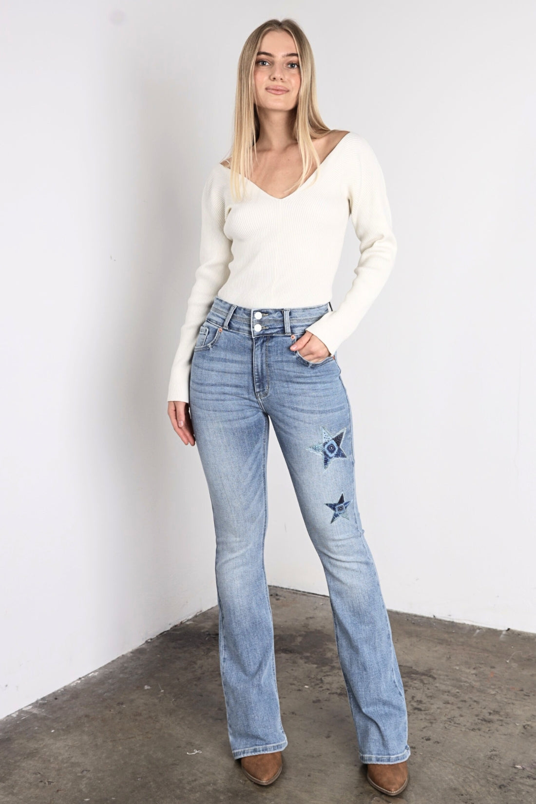 Artemis Vintage | Star Patch DTF Print Double Waist Bootcut Jeans