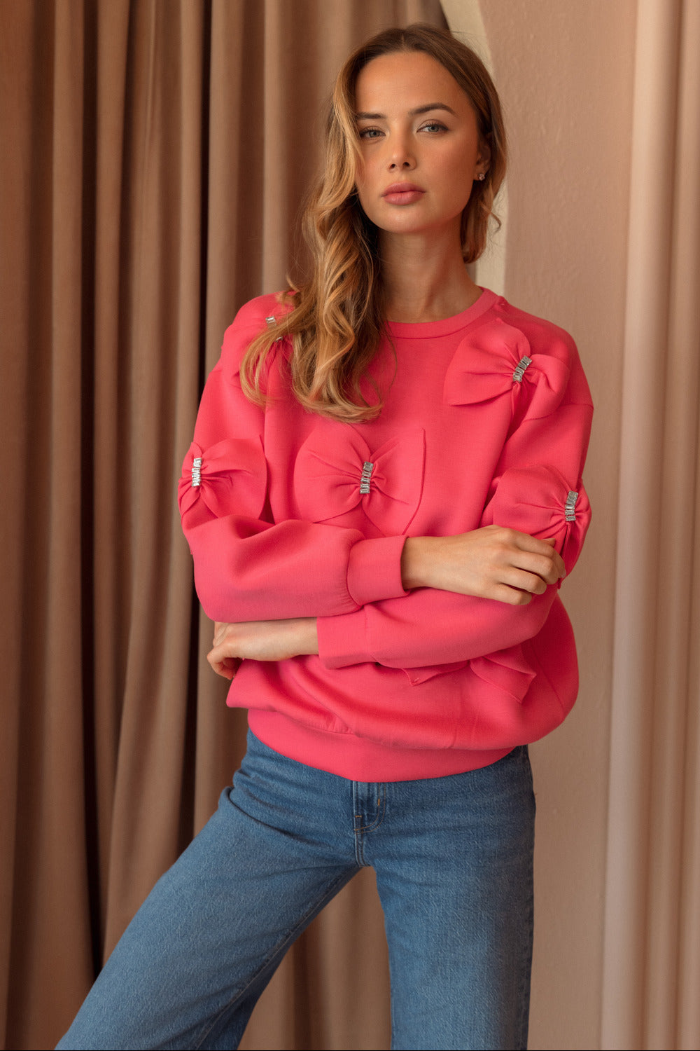 Fiora French Scuba Ribbon-Bow Top