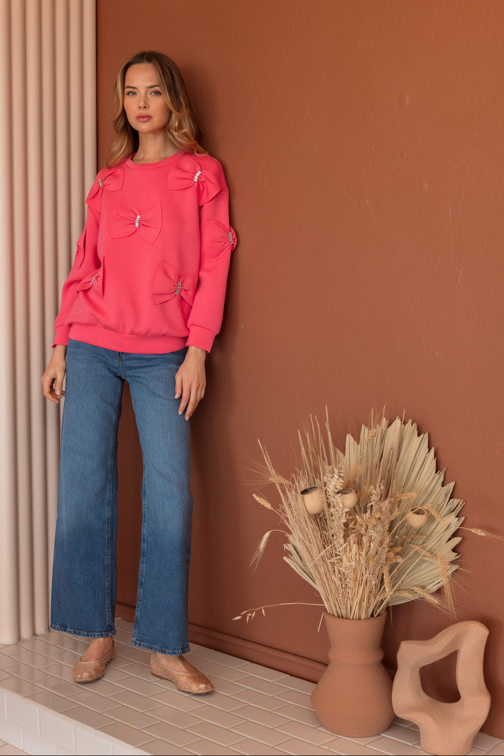 Fiora French Scuba Ribbon-Bow Top