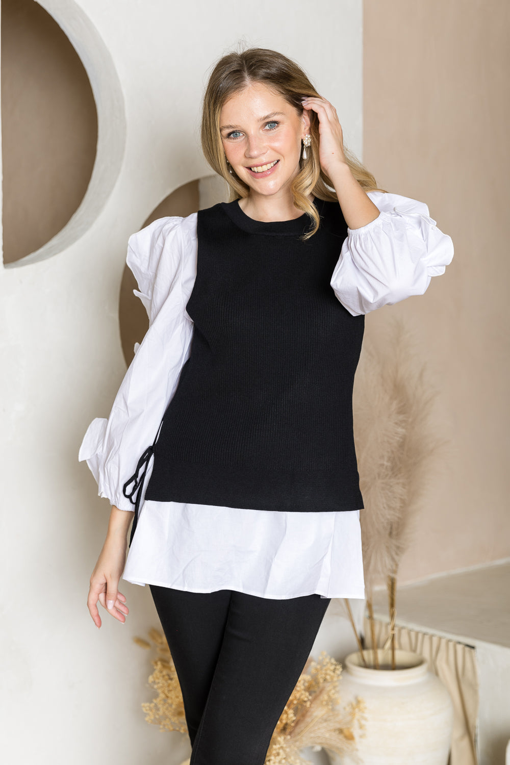 Wanelle Top with Ruffled Sleeves & Detachable Knitted Sweater Vest