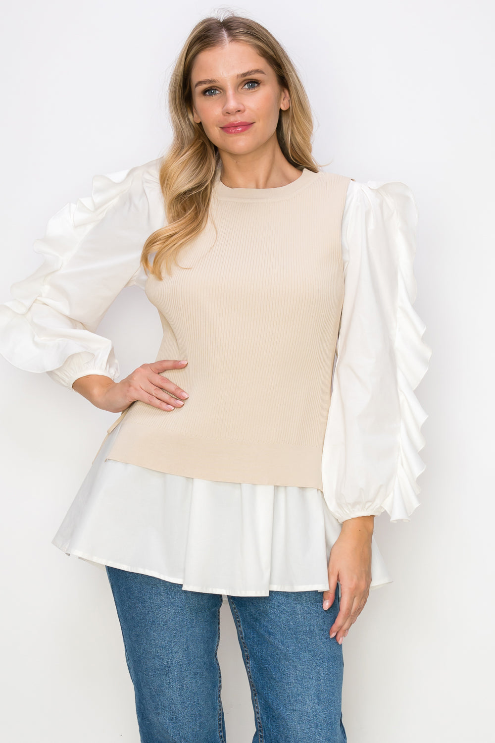 Wanelle Top with Ruffled Sleeves & Detachable Knitted Sweater Vest