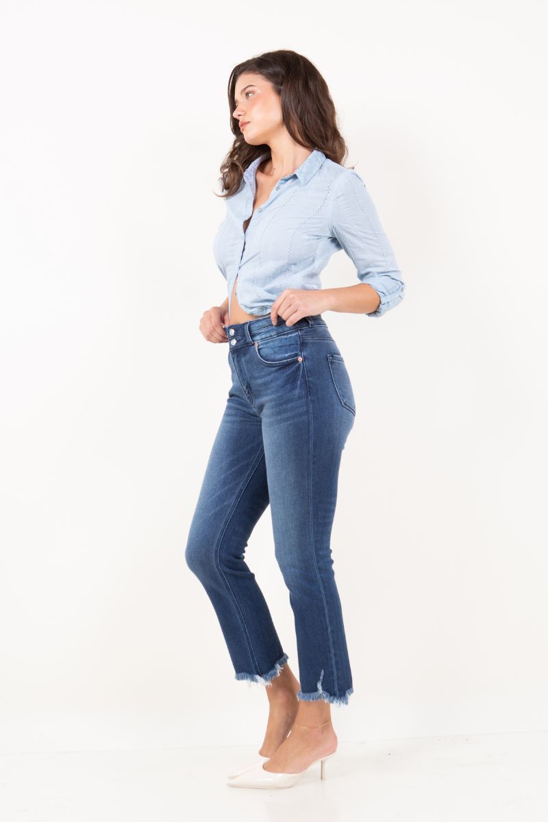 Artemis Vintage | Refined Heights Corset Double Waistband Straight Frayed Hem Jeans