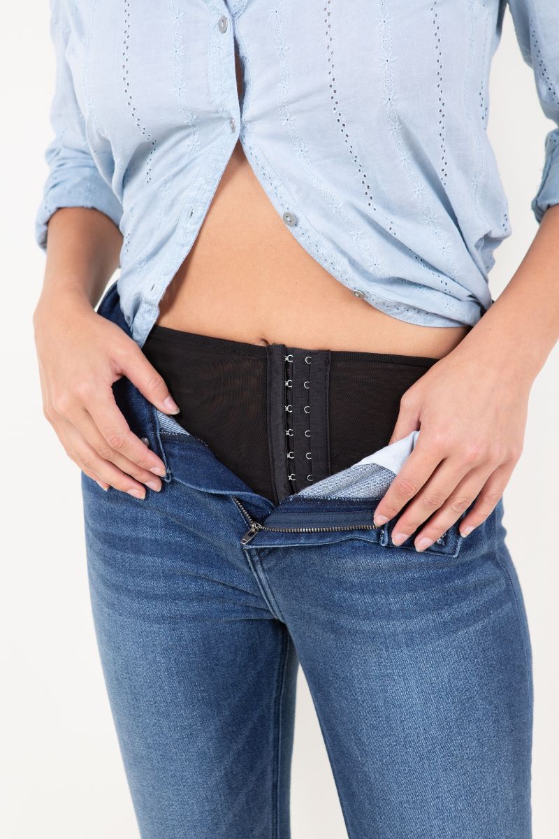 Artemis Vintage | Refined Heights Corset Double Waistband Straight Frayed Hem Jeans