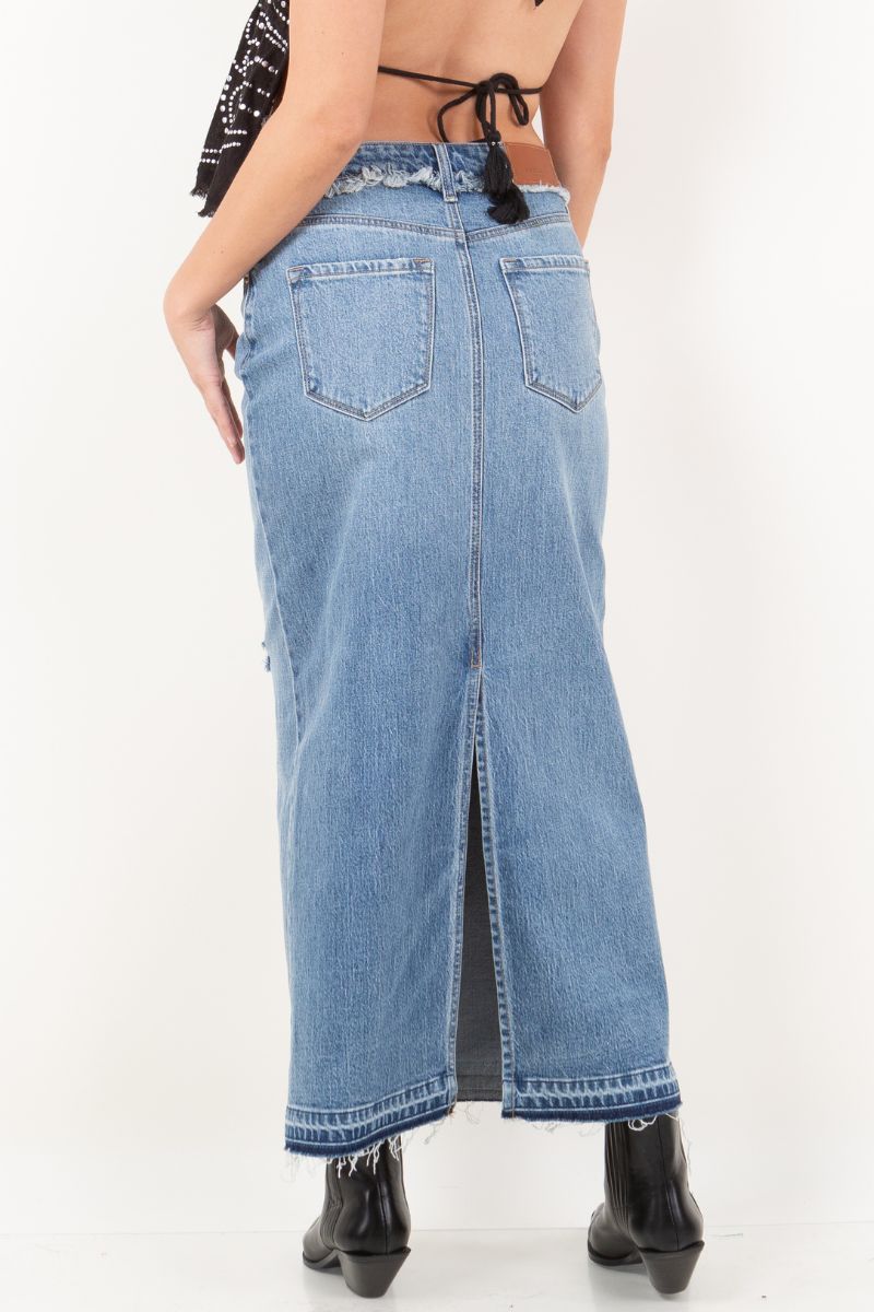 Denim Maxi Skirt Frayed Waistband w/ Slit Detail