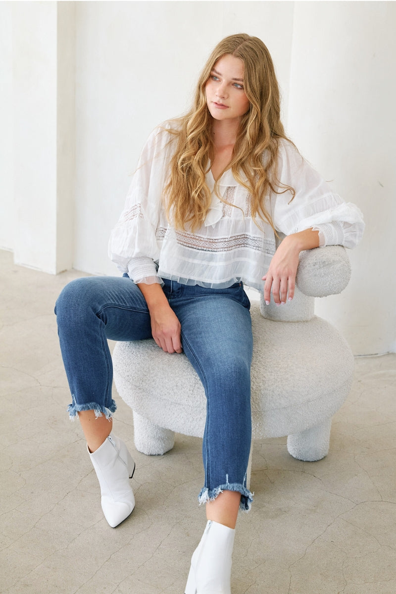 Artemis Vintage | Refined Heights Corset Double Waistband Straight Frayed Hem Jeans