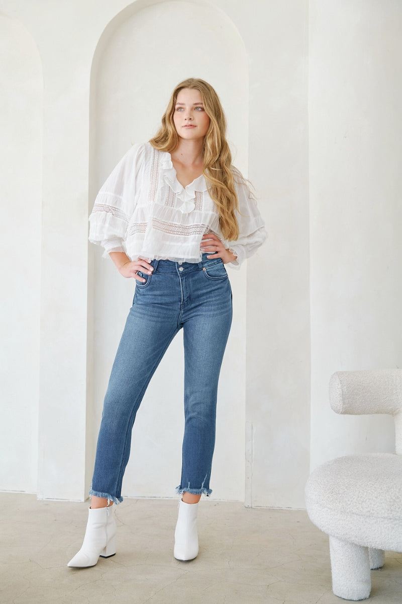 Artemis Vintage | Refined Heights Corset Double Waistband Straight Frayed Hem Jeans