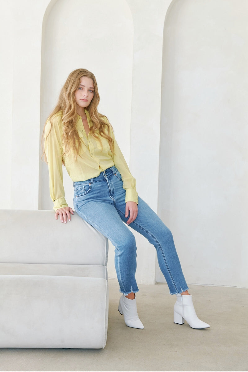 Altitude Heights Corset Double Waistband Straight Frayed Hem Jeans