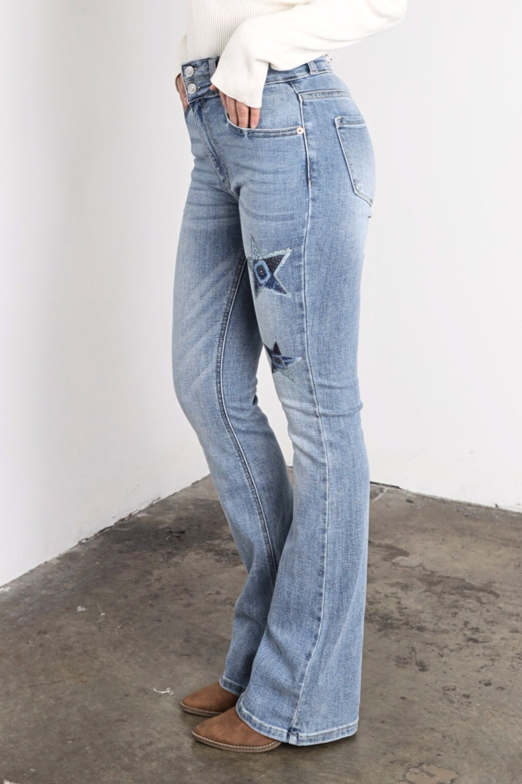 Artemis Vintage | Star Patch DTF Print Double Waist Bootcut Jeans