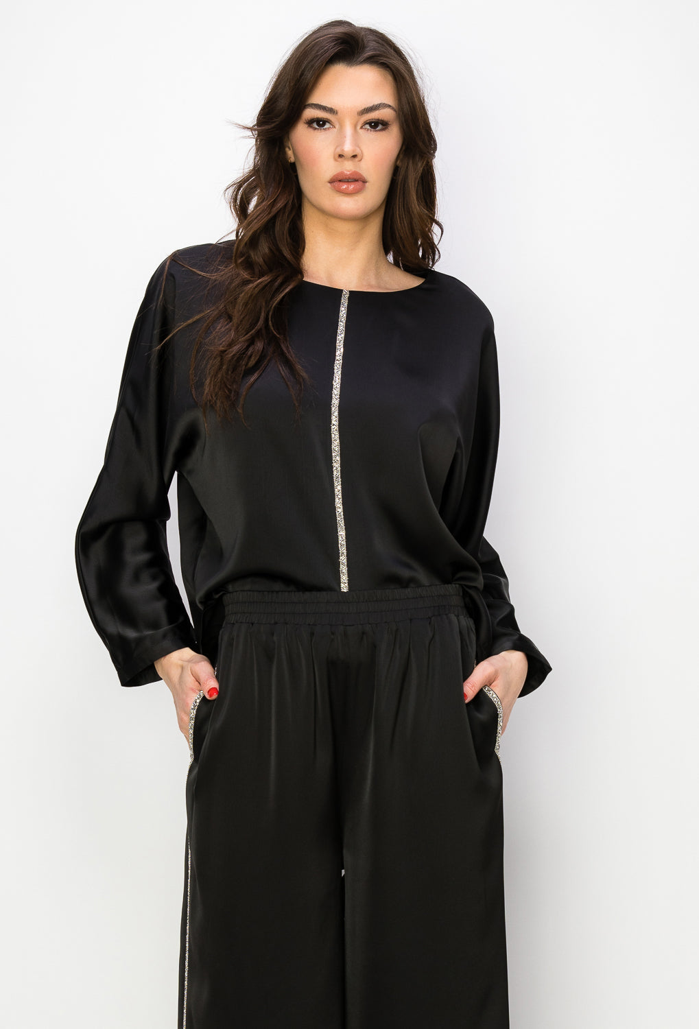 Wilma Satin Top with Diamond Trim