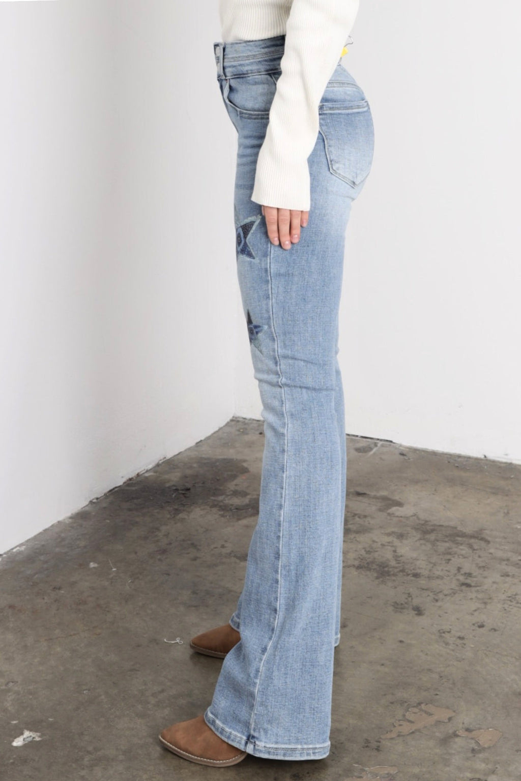 Artemis Vintage | Star Patch DTF Print Double Waist Bootcut Jeans