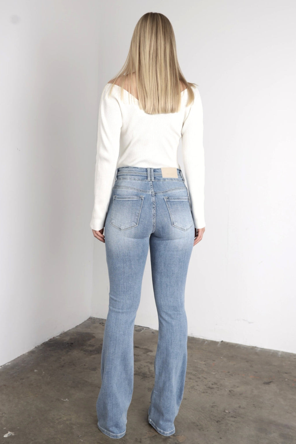 Artemis Vintage | Star Patch DTF Print Double Waist Bootcut Jeans