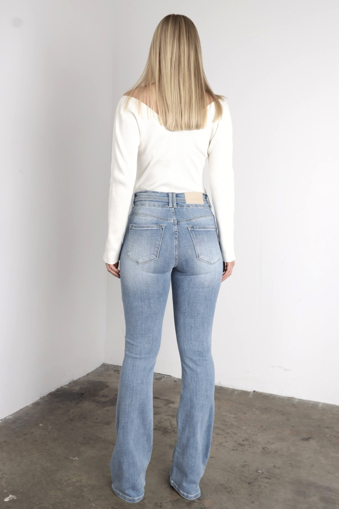 Artemis Vintage | Star Patch DTF Print Double Waist Bootcut Jeans