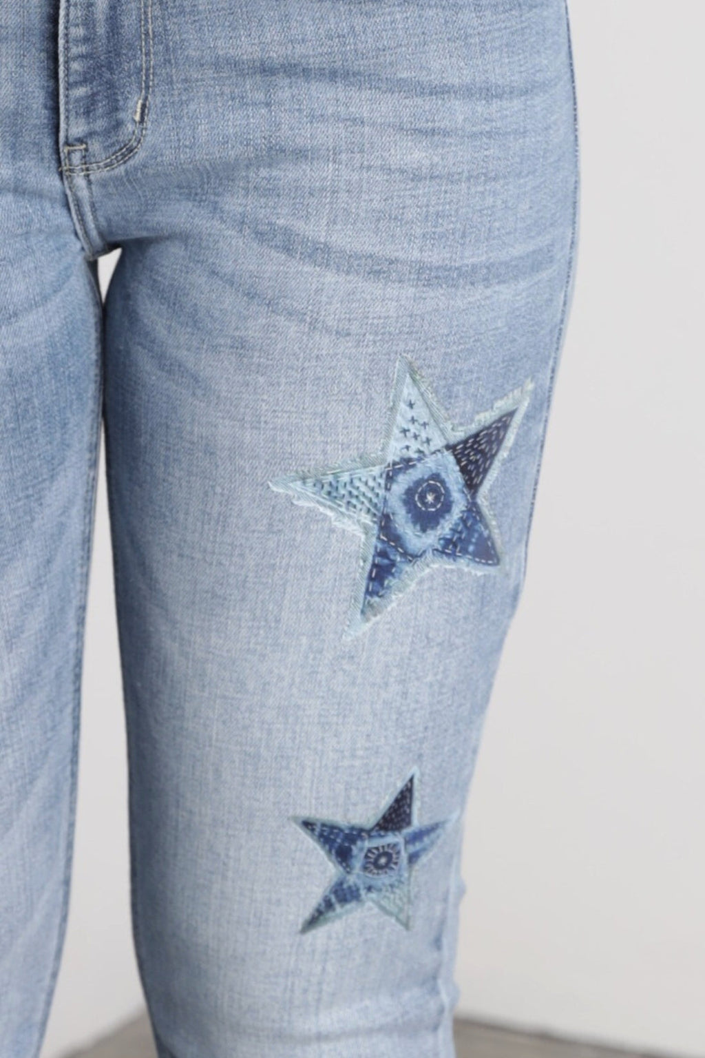 Artemis Vintage | Star Patch DTF Print Double Waist Bootcut Jeans