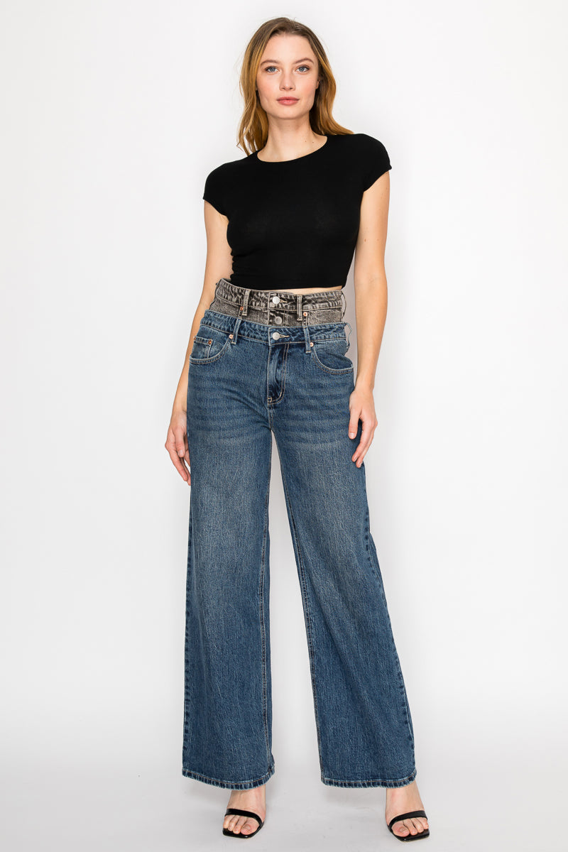 Double Snap On Waistband Layered Ultra High Rise Wide Jeans