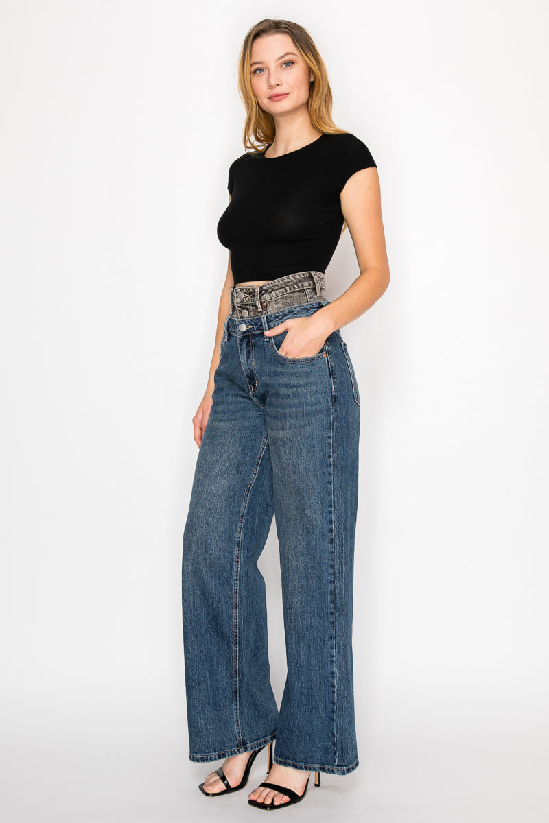 Double Snap On Waistband Layered Ultra High Rise Wide Jeans