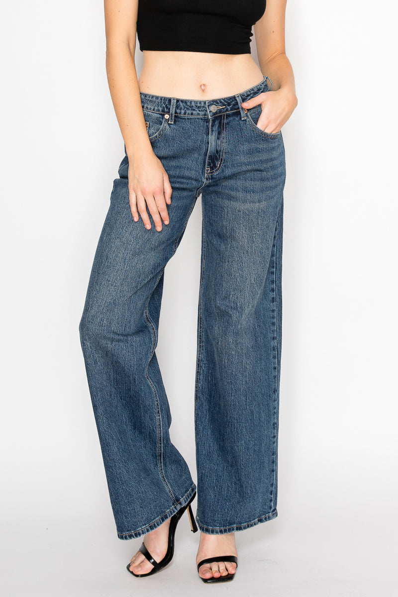 Double Snap On Waistband Layered Ultra High Rise Wide Jeans