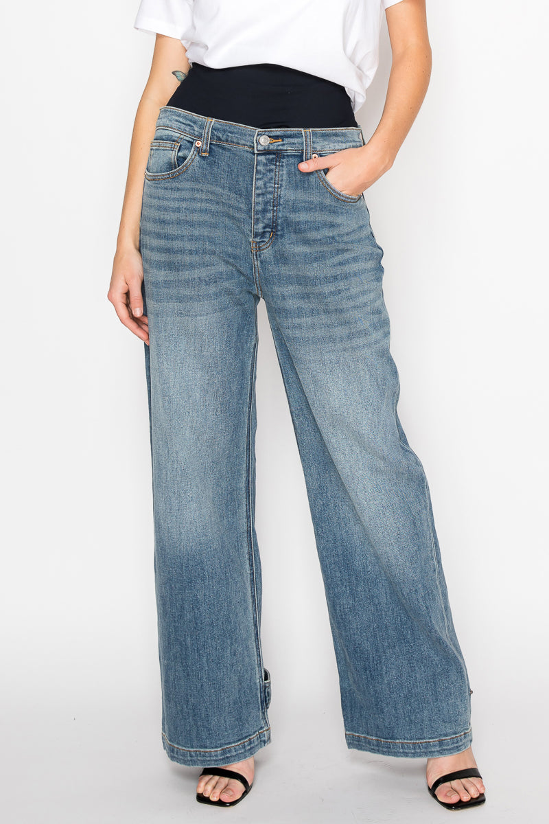 Adjustable Hem Knit Band Wide Leg Jeans
