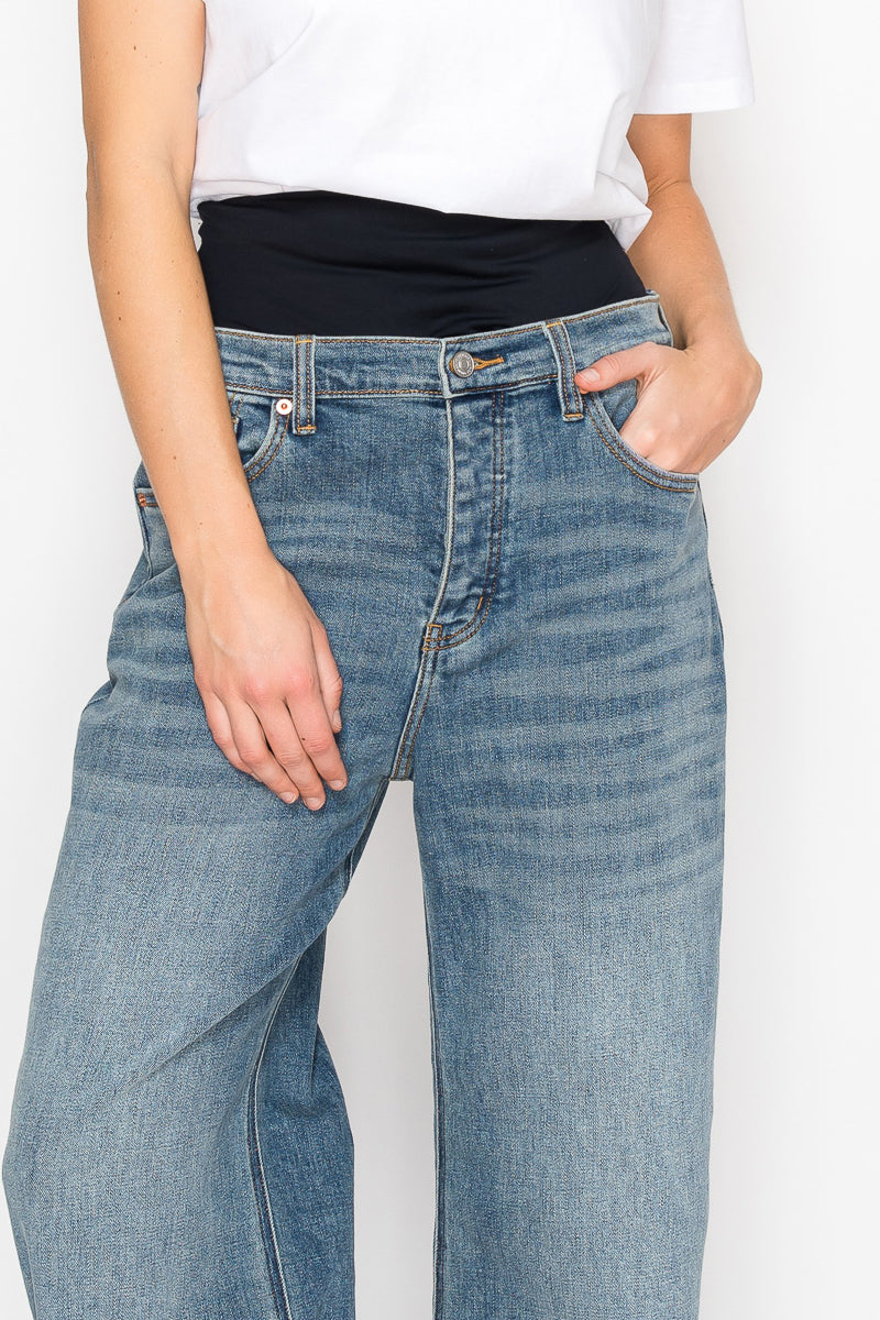 Adjustable Hem Knit Band Wide Leg Jeans