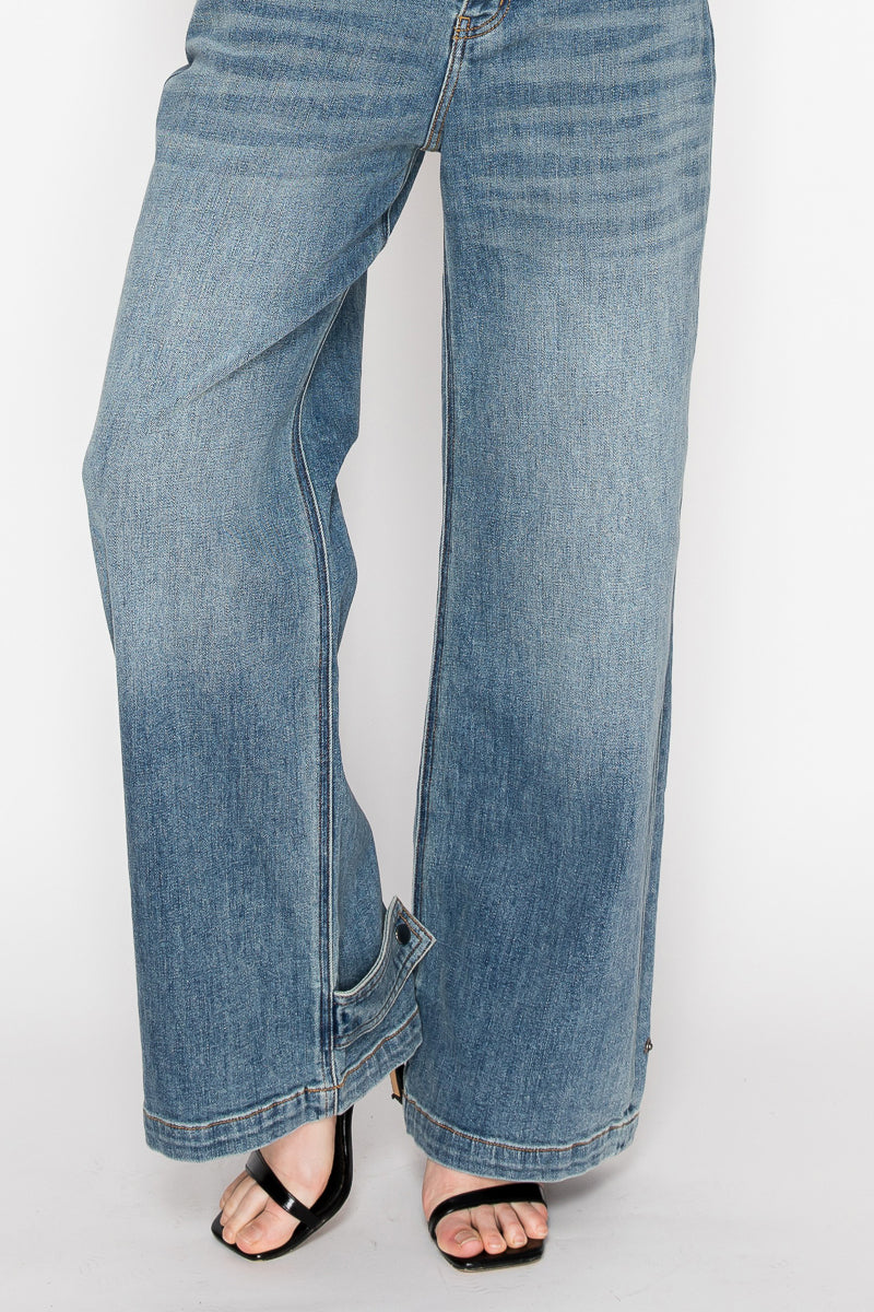 Adjustable Hem Knit Band Wide Leg Jeans