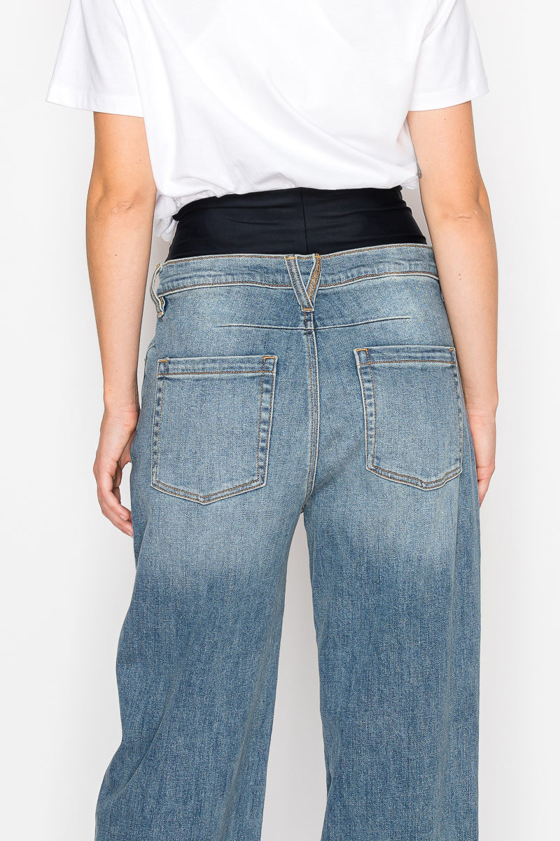 Adjustable Hem Knit Band Wide Leg Jeans