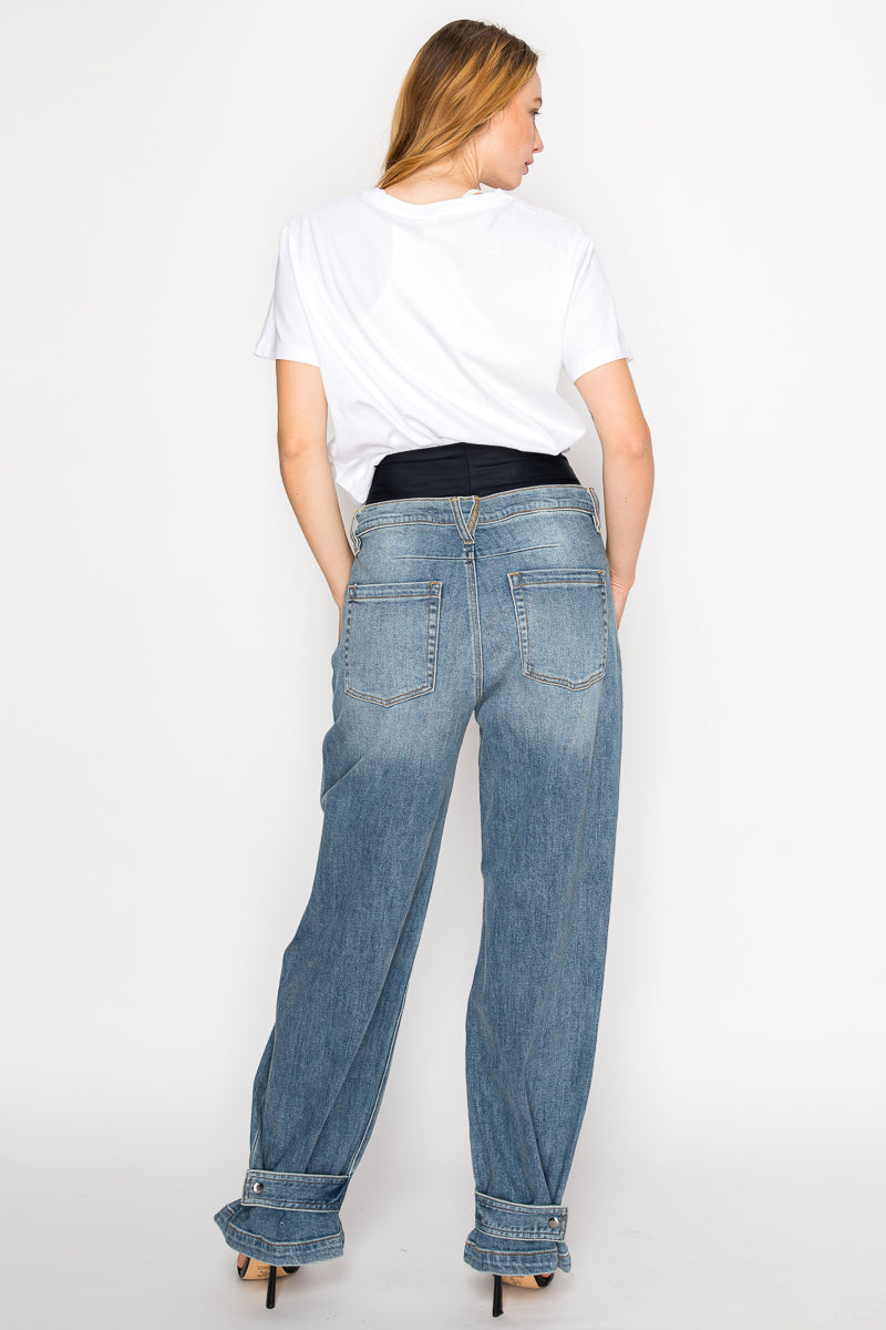 Adjustable Hem Knit Band Wide Leg Jeans