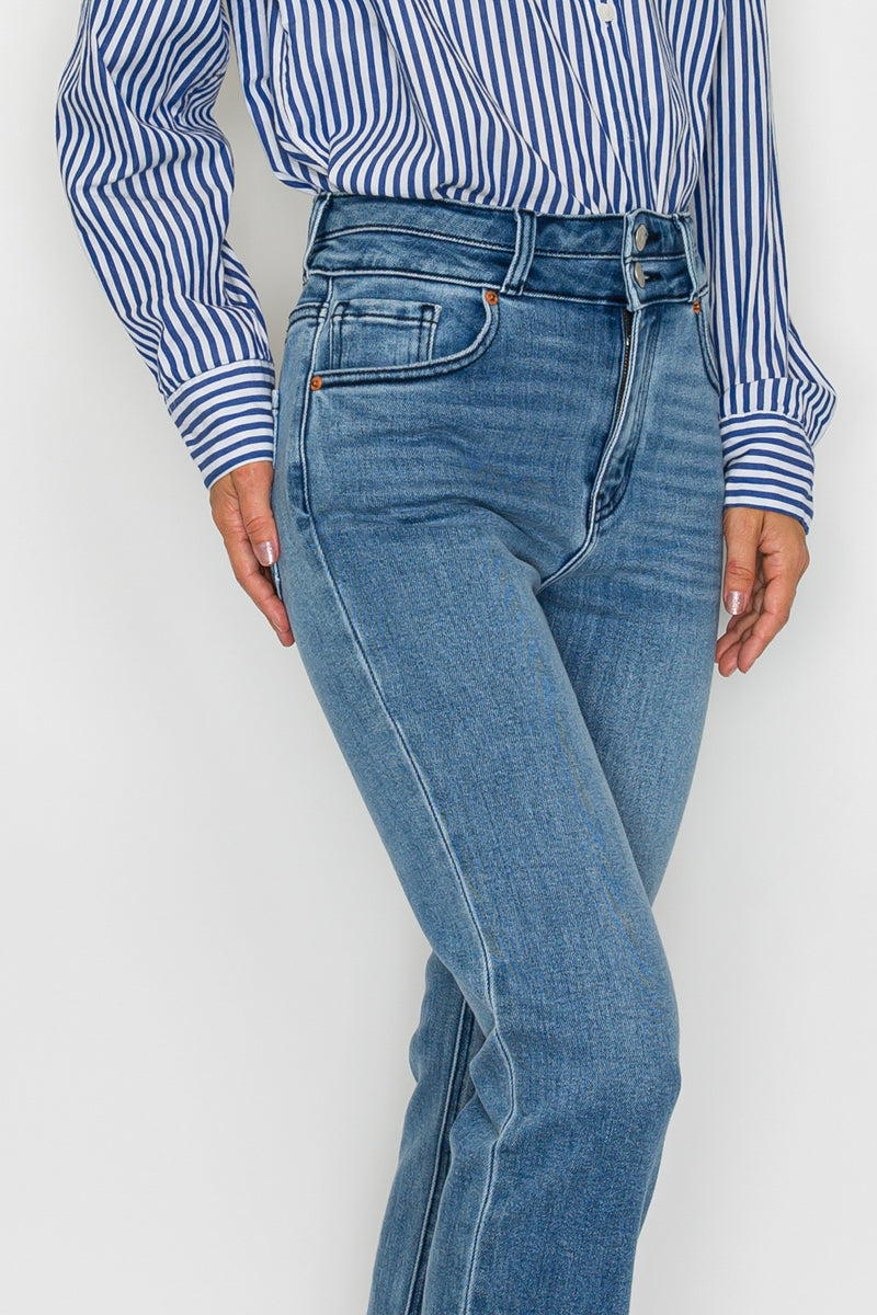 Altitude Heights Corset Double Waistband Straight Frayed Hem Jeans