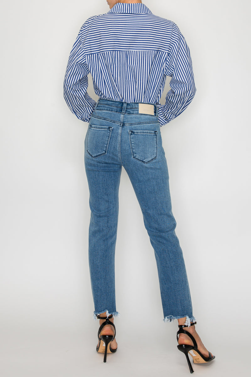 Altitude Heights Corset Double Waistband Straight Frayed Hem Jeans