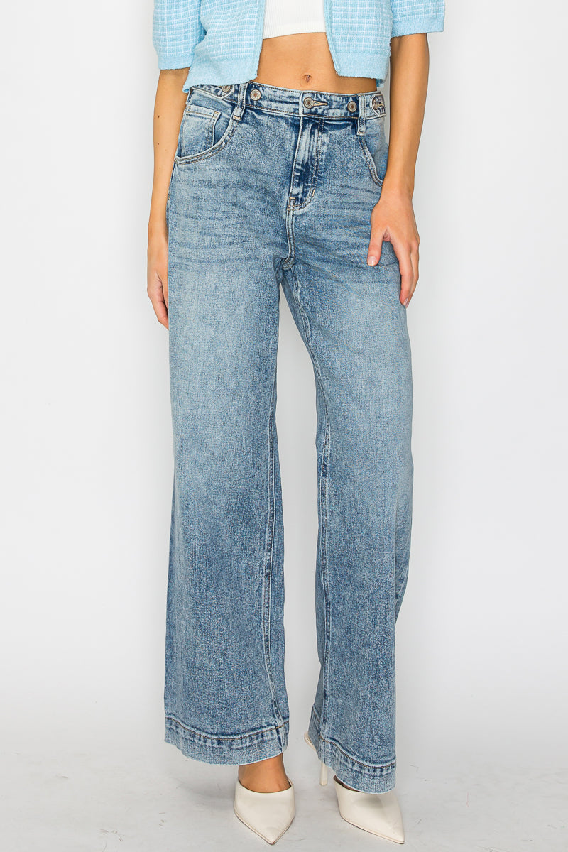 Adjustable Waistband High Rise Baggy Wide Jeans